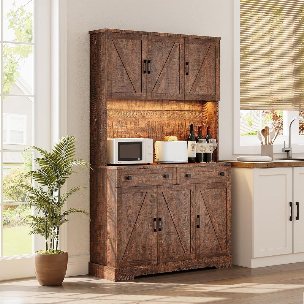 ELYKEN 71" Kitchen Pantry Storage Cabinet with Outlet & LED Lights, Brown