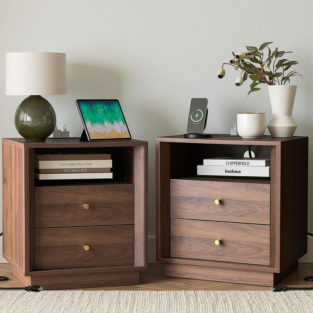 FORTUNETEC 19.6" Nightstand with Charging Station, Dark Walnut
