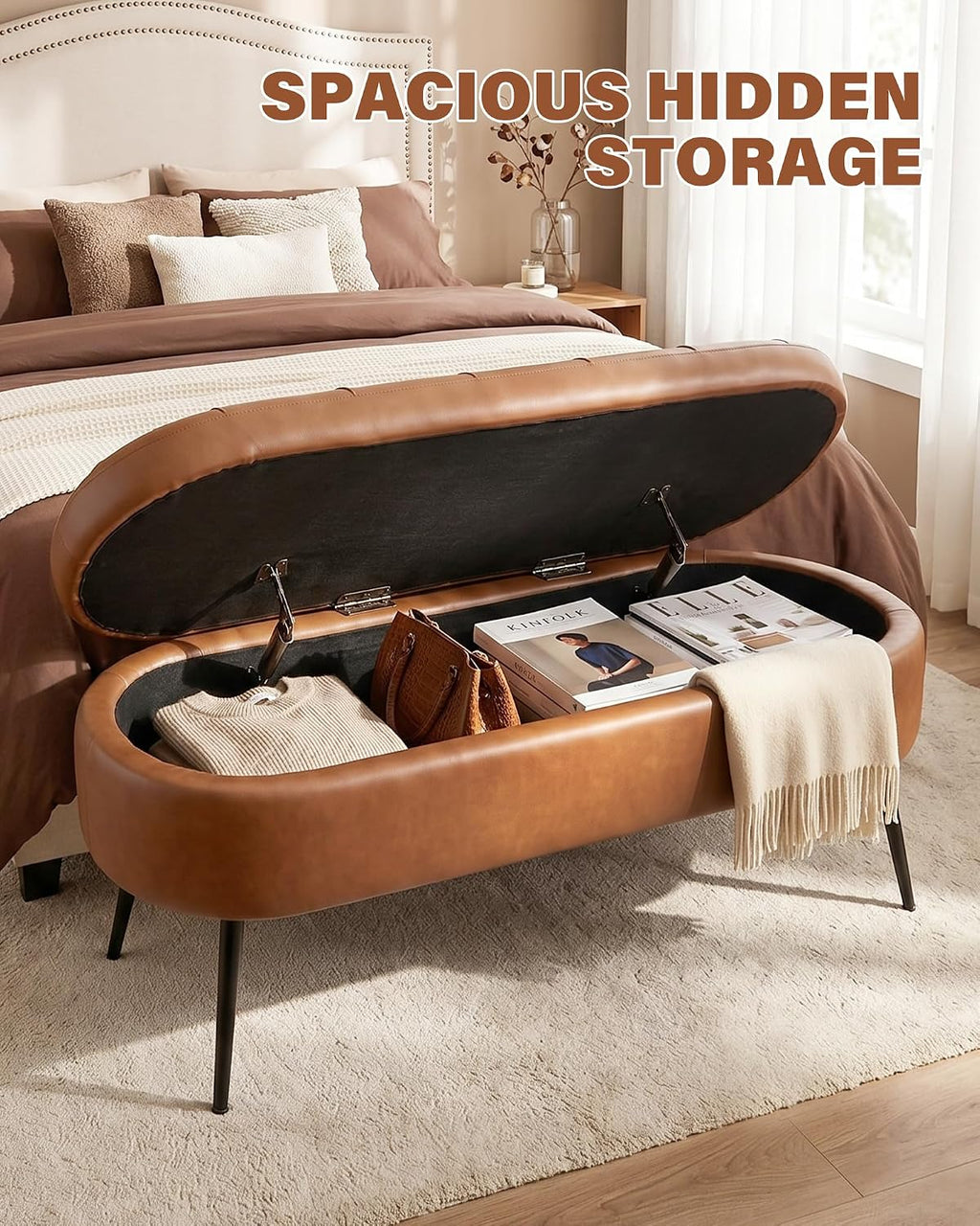 Storage Ottoman Bench, 43.7"PU Leather End of Bed Bench Walnut Brown | Bench with Large Hidden Storage, Tufted Upholstered Seat, Metal Legs, Mid-Century Modern, For Bedroom, Entryway, Living Room