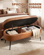 Storage Ottoman Bench, 43.7"PU Leather End of Bed Bench Walnut Brown | Bench with Large Hidden Storage, Tufted Upholstered Seat, Metal Legs, Mid-Century Modern, For Bedroom, Entryway, Living Room