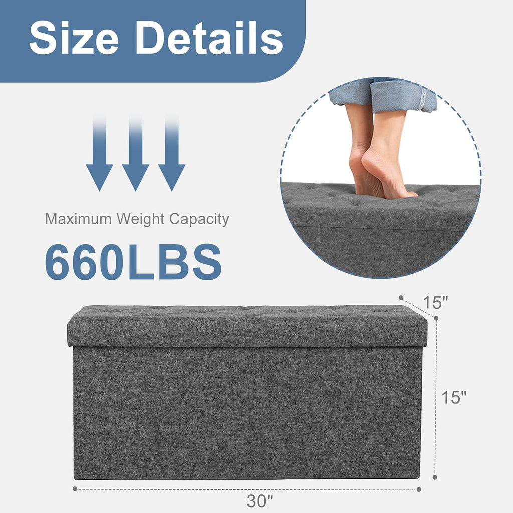 NEWBULIG Ottoman with Storage Bench-30 Inches Small Folding Foot Rest Stool with Thicker Foam Padded Seat, Storage Chest for Living Room, Entryway, End of Bed Bench, Holds Up to 660 lbs Grey