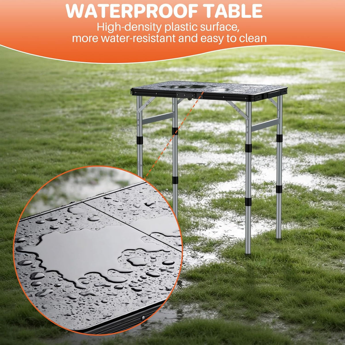 FUNYKICH Camping Table with Waterproof Plastic Tabletop 22.8''x15.7'', 3 Height Adjustable Small Folding Table, Lightweight Portable Picnic Table with Carry Handle for Picnic Beach Travel,Black Silver