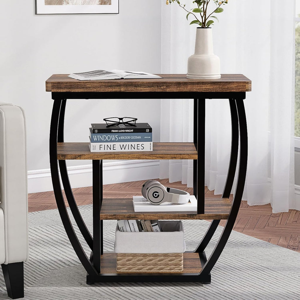 4-Tier End Table with Storage, Narrow Side Table for Living Room, Wood Sofa Side Table with Metal Frame, Industrial Bedside Table and Nightstand for Bedroom, Rustic Brown
