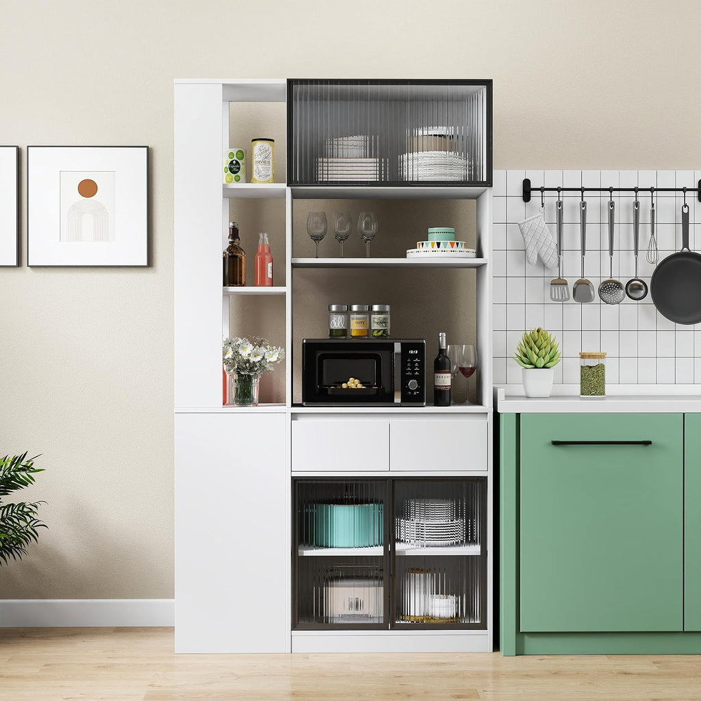 Modern 70.87" Tall Storage Cabinet with 5 Drawers, Glass Doors and Display Shelves, Freestanding Kitchen Pantry Cabinet with Microwave Space for Living Room, Dining Room, Hallway, White