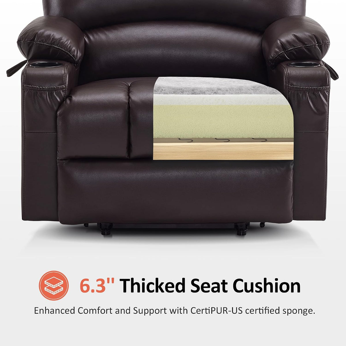 MCombo Oversized Power Lift Recliner Chair for Elderly R7092 (Dark Brown) | Stand Assistance, Wide seat, Heat and Massage, 4.7" Extra Footrest, 150° Max Recline, USB Ports, Cup Holders, Faux Leather