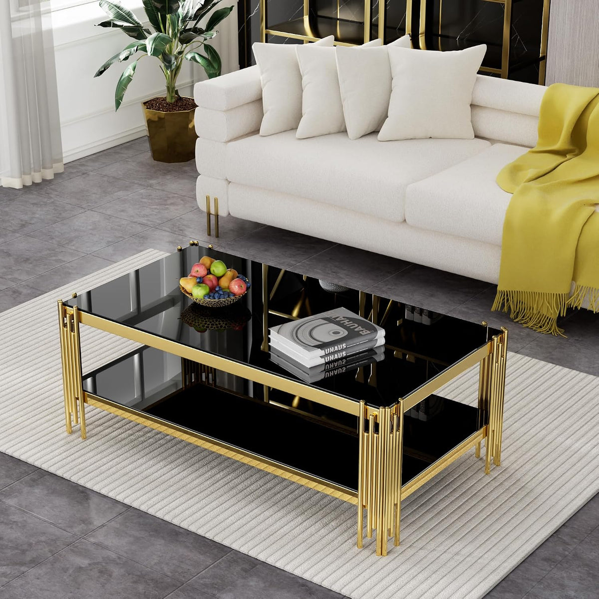 Henf 3-Piece Black Glass Living Room Table Set, 2-Tier Glass Coffee Table & 2 End Tables, Luxury Gold Coffee Table Set of 3 with Shining Golden Frame for Living Room Apartment Office