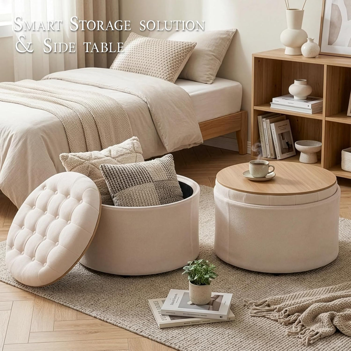 ONBRILL 24" Round Ottoman Coffee Table, Storage Ottoman with Lift-Off Lid | Large Size, Sturdy Steel Frame, 15.4" Height Foot Stool（Better for Low-Profile Sofa), Extra Seat, Entryway Shoe Bench
