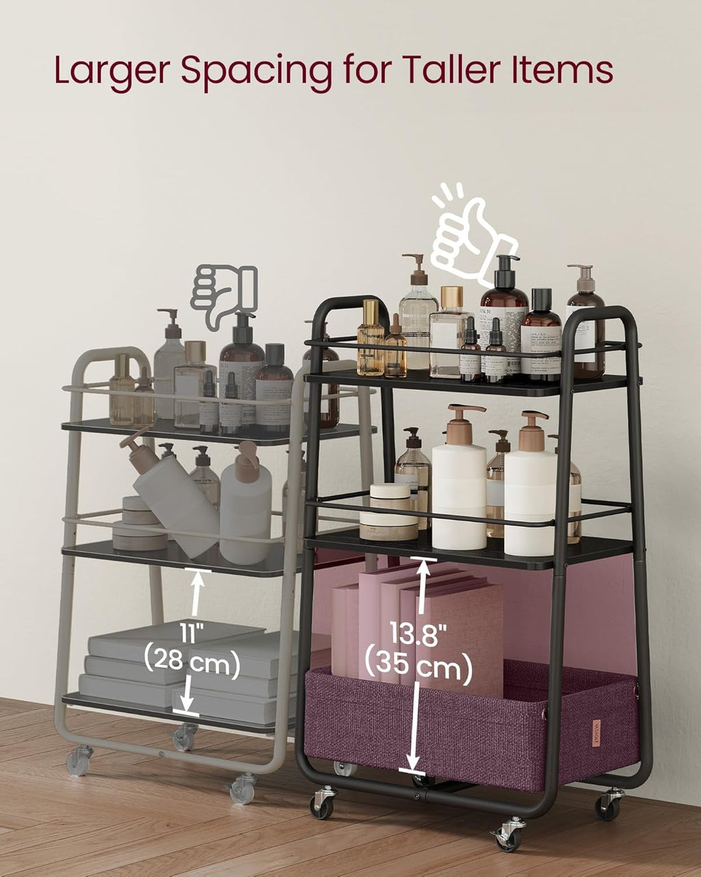 VASAGLE LILEA Collection - Storage Cart with Fabric Basket, 3-Tier Rolling Utility Cart with Wheels and Shelves, for Living Room Bedroom Kitchen, Ebony Black and Slate Gray ULRC001BE02