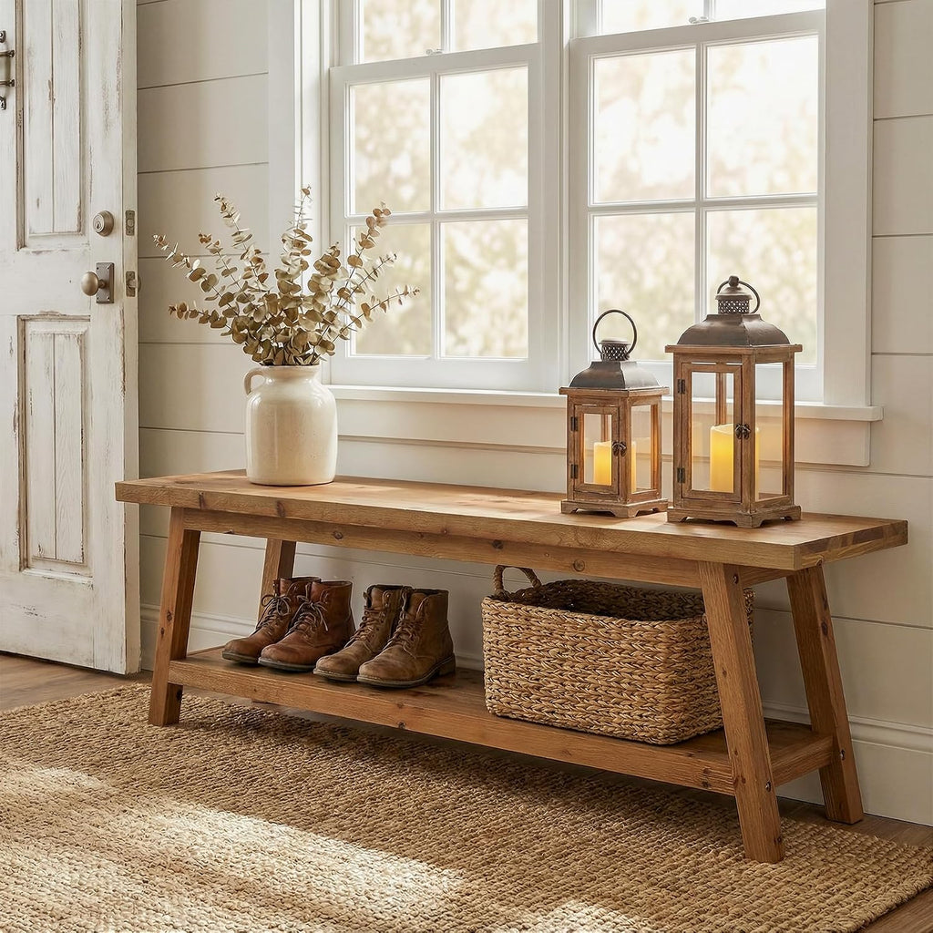 Solid Wood Entryway Bench with Shoe Storage Shelf, 62.99" Long Rustic Hallway Shoe Bench, Natural Wood Mudroom Window Seating, 400 lbs Capacity
