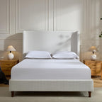 Queen Size Upholstered Bed Frame, 54" High Headboard Carmen Wingback Bed Frames, Tall Headboard Floor Platform Beds, No Box Spring Needed No Noise, Simplicity Minimalist, Cream White