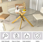 Modern 5-Piece Round Glass Dining Table Set for 4, Modern 47" Gold Glass Dining Room Table Set with Black Velvet Tufted Chairs for Kitchen Dining Room