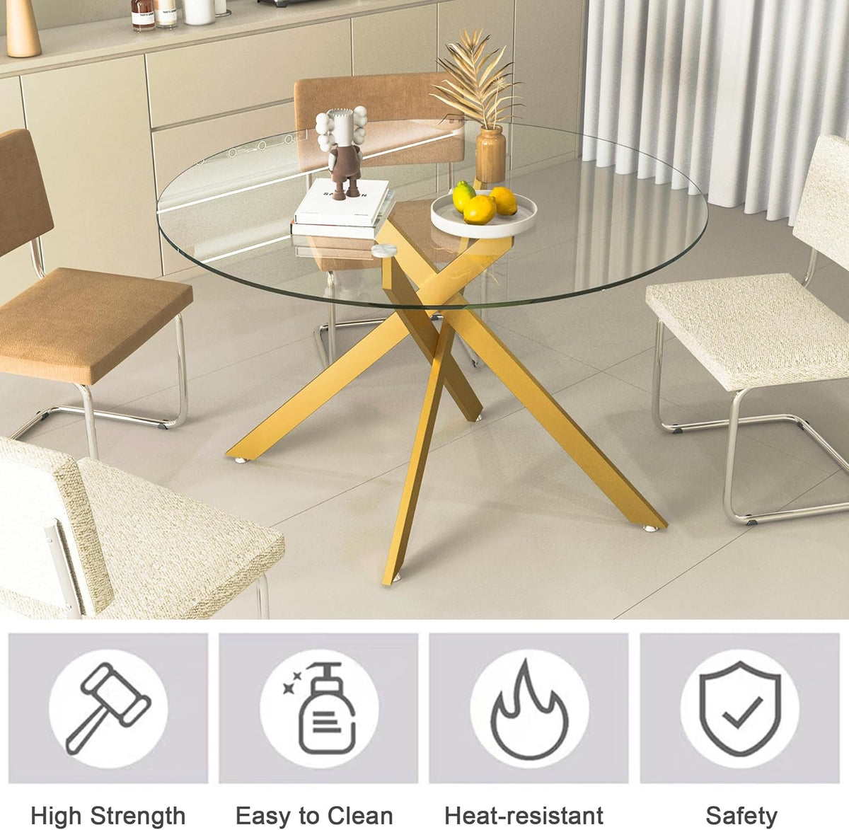 Modern 5-Piece Round Glass Dining Table Set for 4, Modern 47" Gold Glass Dining Room Table Set with Black Velvet Tufted Chairs for Kitchen Dining Room