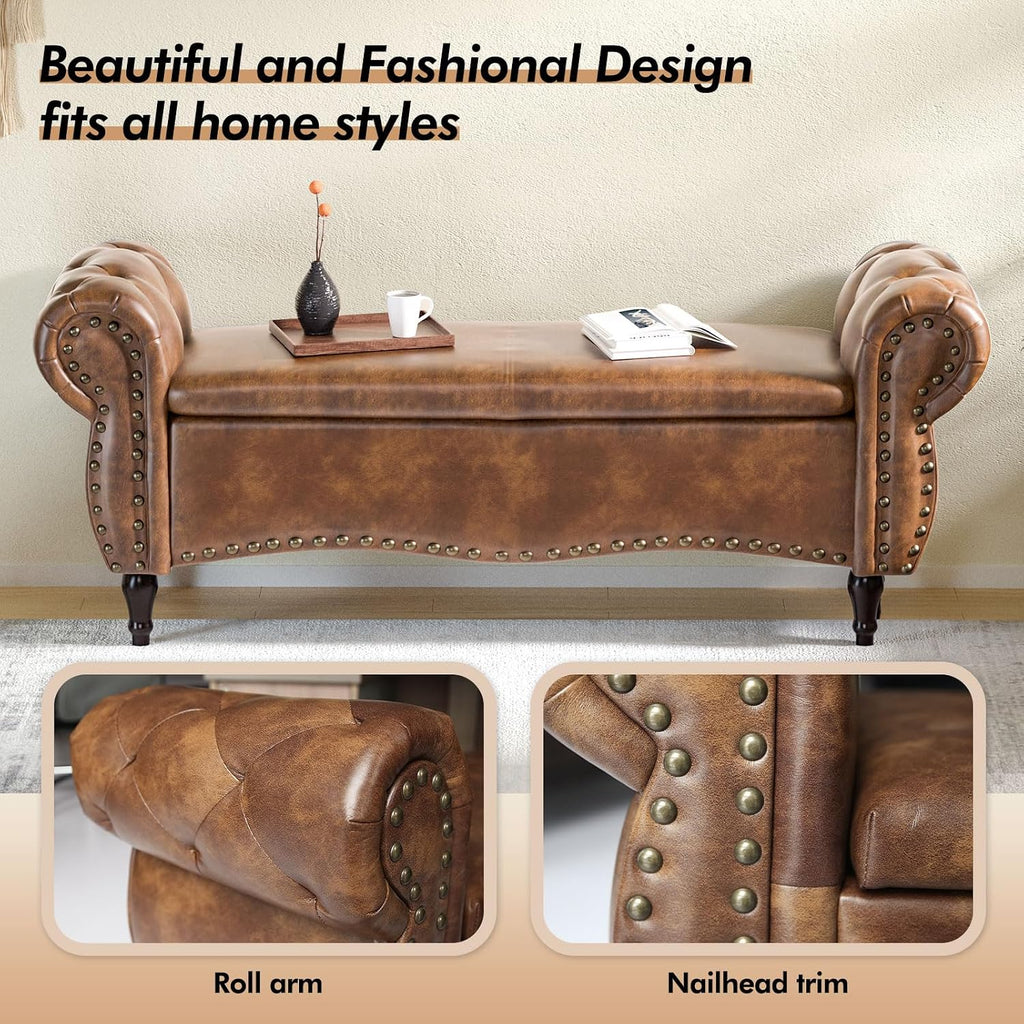 ZZW Storage Ottoman Bench, 51" Length Upholstered End of Bed Storage Bench for Bedroom with Safety Hinge, Tufted Bed Benches with Rolled Arm and Nailhead Trim for Living Room, Entryway Brown