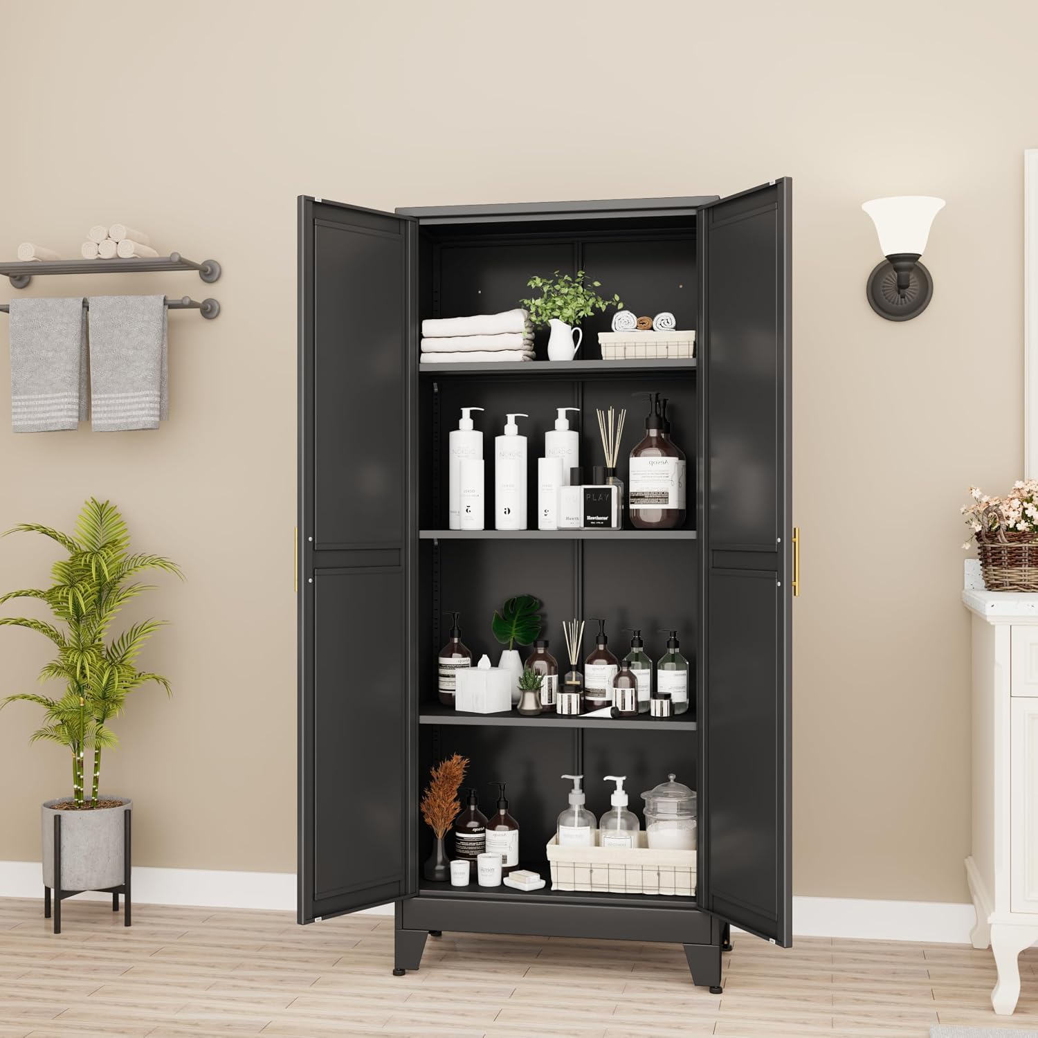Metal Storage Cabinet with Doors and Shelves, 61.02" Tall Kitchen Pantry Storage Cabinet for Food, Large Freestanding Pantry Closet for Kitchen, Dining Room, Living Room (Black)