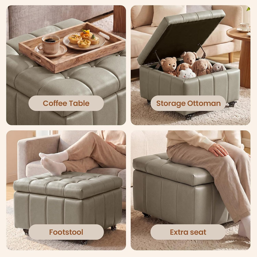 Square Leather Ottoman with Storage and Wheels,360°Rolling ottoman,Faux Leather Flip Top Storage Footstool Coffee Table, Rolling Upholstered Storage Ottoman for Living Room Entryway (Modern Grey)
