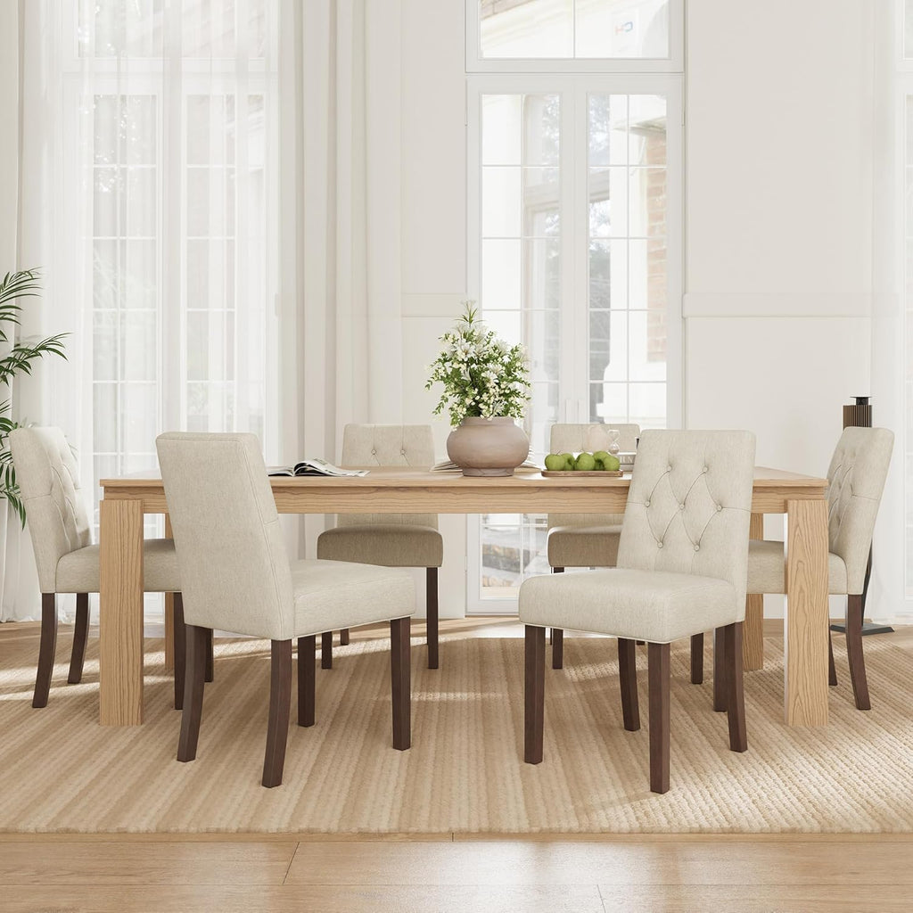 Upholstered Dining Chairs Set of 6 - Modern Parsons Kitchen & Dining Room Chair with Diamond Tufted Back, Solid Wooden Legs for Apartment, Café, Vanity