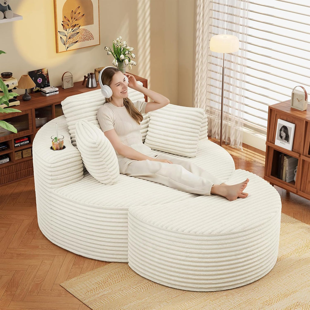 Round Chaise Lounge with Ottoman, Cloud Corduroy Curved Reading Lounge Sofa Chair with Cup Holders, Circle Memory Foam Chaise Chair and Ottoman Set for Study, Living Room, Sunroom, Beige
