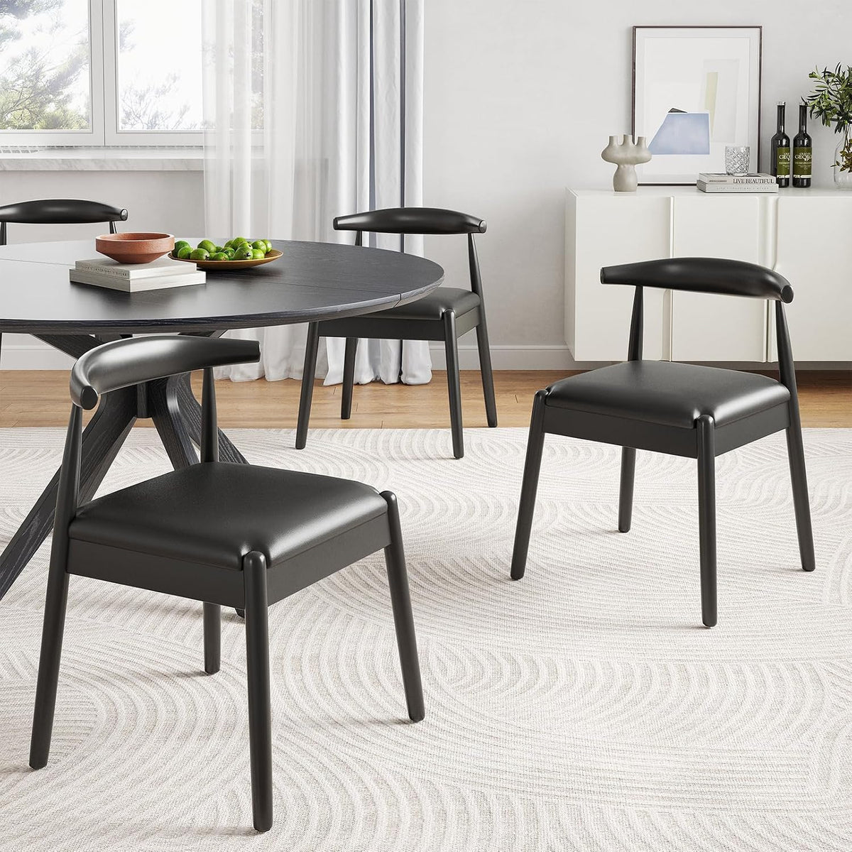 Round Dining Table 47 in for 4 to 6 People, Solid Wood Kitchen Table with Intersecting Pedestal Base and Floor Protection, Modern Round Dining Room Table for Apartment or Nook, Black