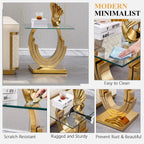 Modern End Table, Living Room End Table with Tempered Glass Top & Geometric Shape Stainless Steel Legs, Square End Table, Luxury Glass Sofa Side Table, Bedside Table, Small Accent Table, Gold