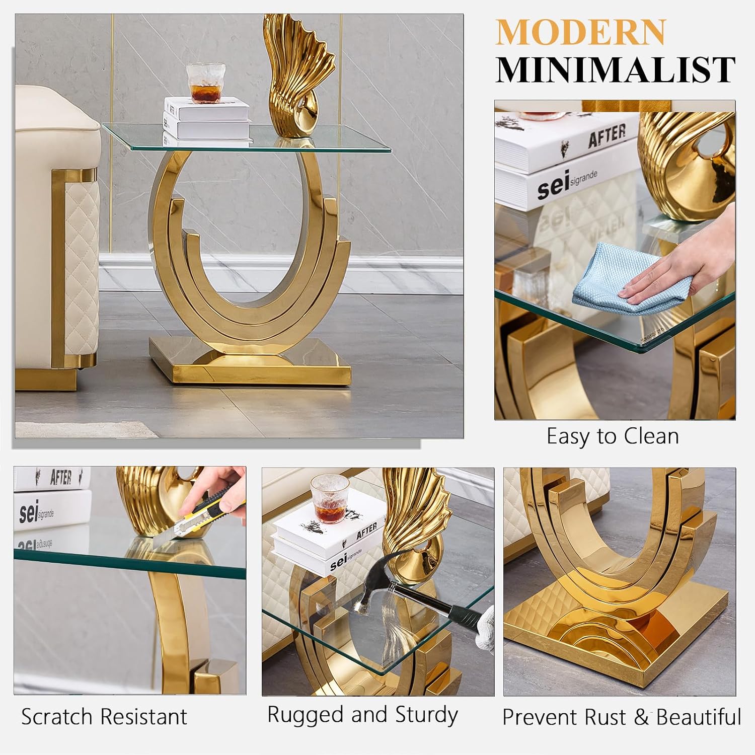 Modern End Table, Living Room End Table with Tempered Glass Top & Geometric Shape Stainless Steel Legs, Square End Table, Luxury Glass Sofa Side Table, Bedside Table, Small Accent Table, Gold