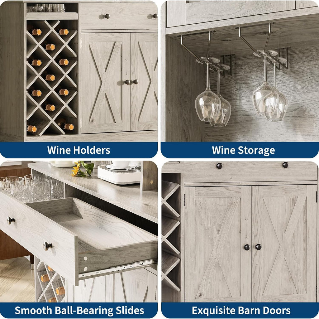 MDF Tall Wine Cabinet with Acrylic Double Doors, 45 Inch Bar Cabinet for Liquor Glasses Storage, Free Standing Home Bar with Display Shelf for Living Room Dining Room Kitchen