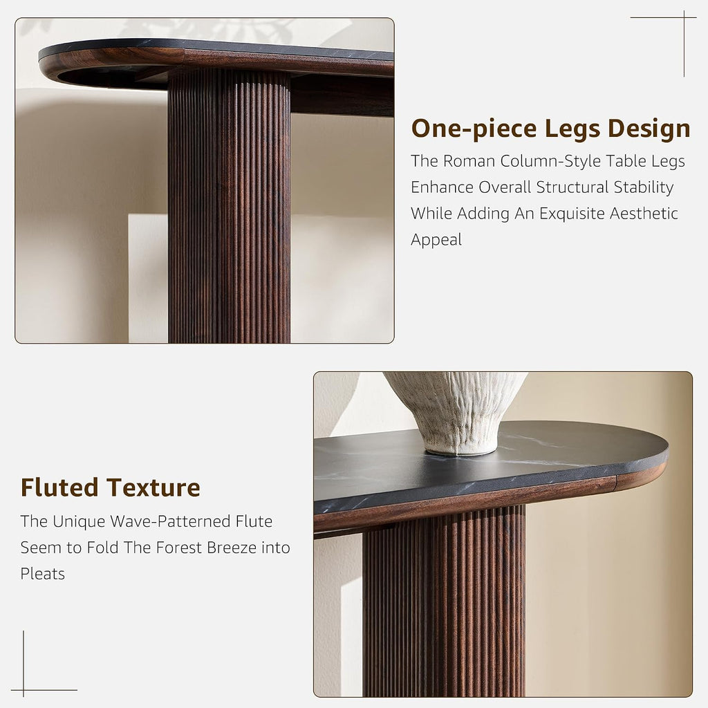 OKD 63 Inch Modern Console Table with Arc Faux Marble Texture Top, Fluted Wood Base, Contemporary Entryway Sofa Table for Living Room, Hallway, Foyer, Dark Walnut