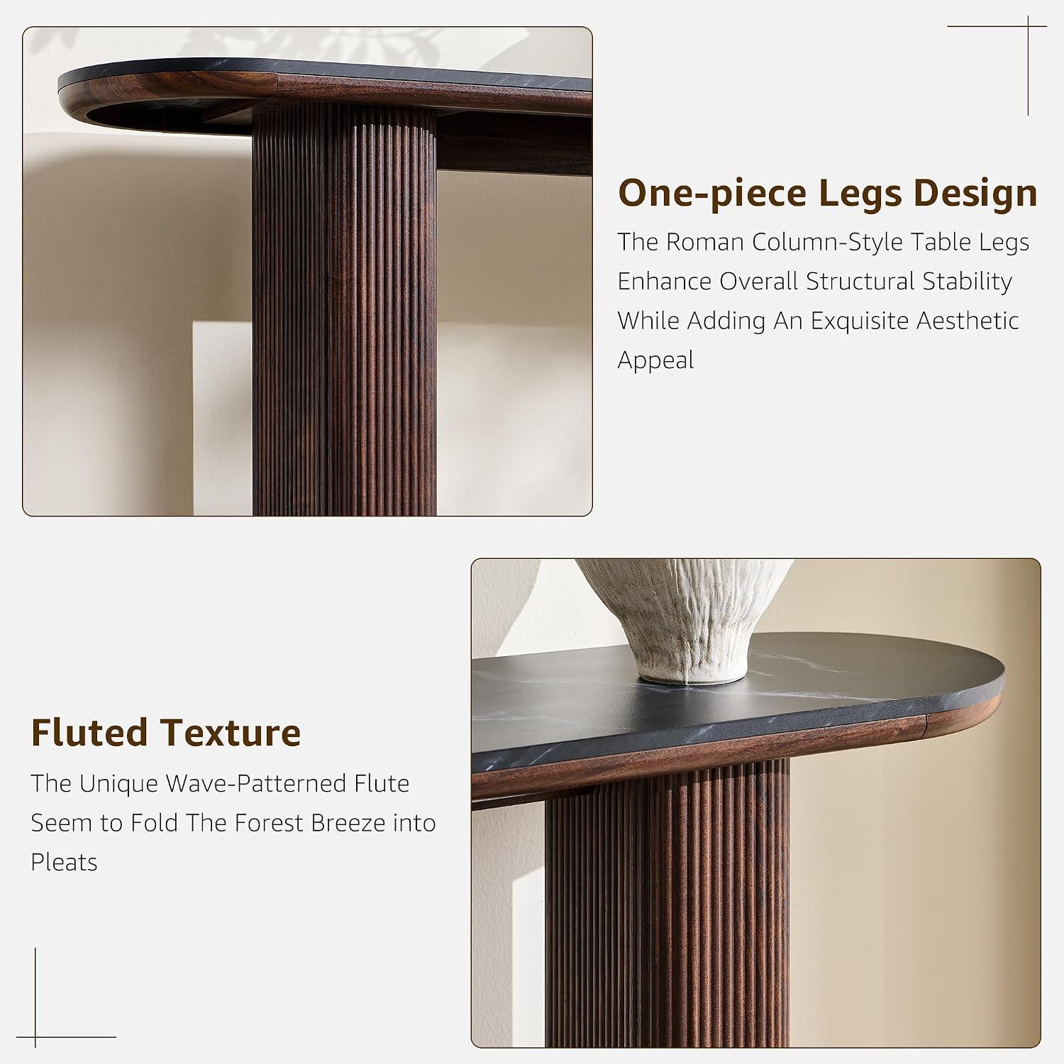 OKD 63 Inch Modern Console Table with Arc Faux Marble Texture Top, Fluted Wood Base, Contemporary Entryway Sofa Table for Living Room, Hallway, Foyer, Dark Walnut