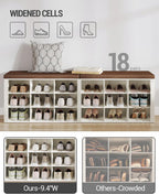 Hzuaneri Shoe Storage Bench with Cushion, Entryway Storage Bench with 18 Cubbies, 9.5" Widened Organizer Cabinet, Long Cubby Rack for Living Room, Bedroom, Entryway, White and Brown SB25714KA