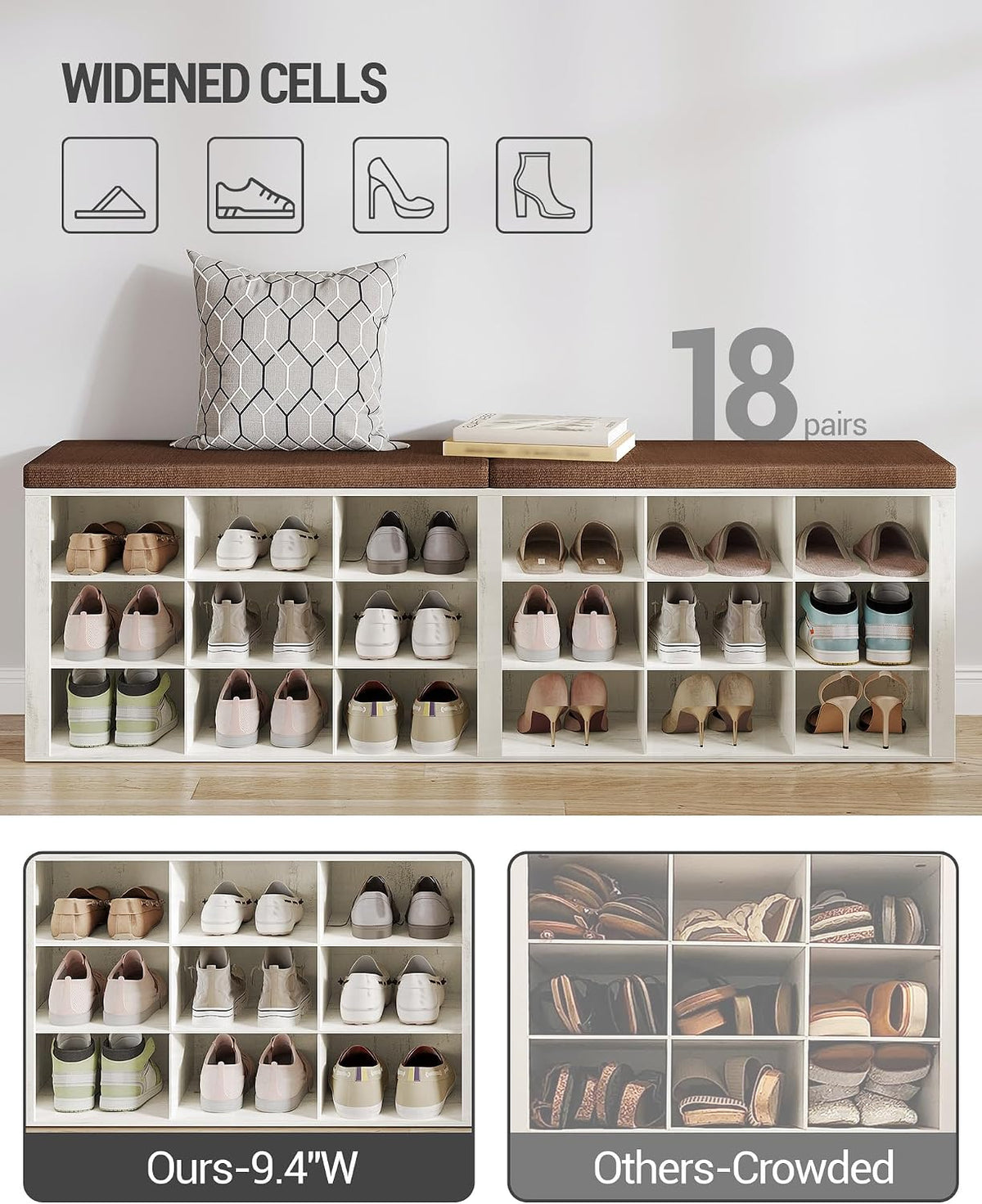Hzuaneri Shoe Storage Bench with Cushion, Entryway Storage Bench with 18 Cubbies, 9.5" Widened Organizer Cabinet, Long Cubby Rack for Living Room, Bedroom, Entryway, White and Brown SB25714KA