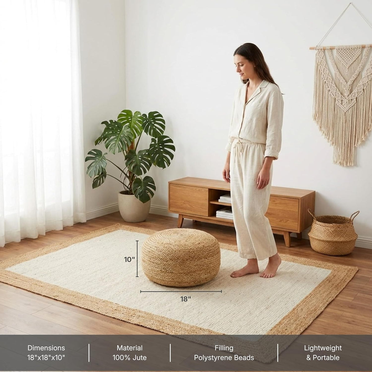 · REDEARTH · Jute Circular Low Pouf Ottoman - Boho Foot Stool - Natural | Jute, 18"x18"x10"; Braided Jute Pouf, Accent Sitting Doubles as Foot Rest; Great for Living Room, Patio, Outdoor, Bedroom