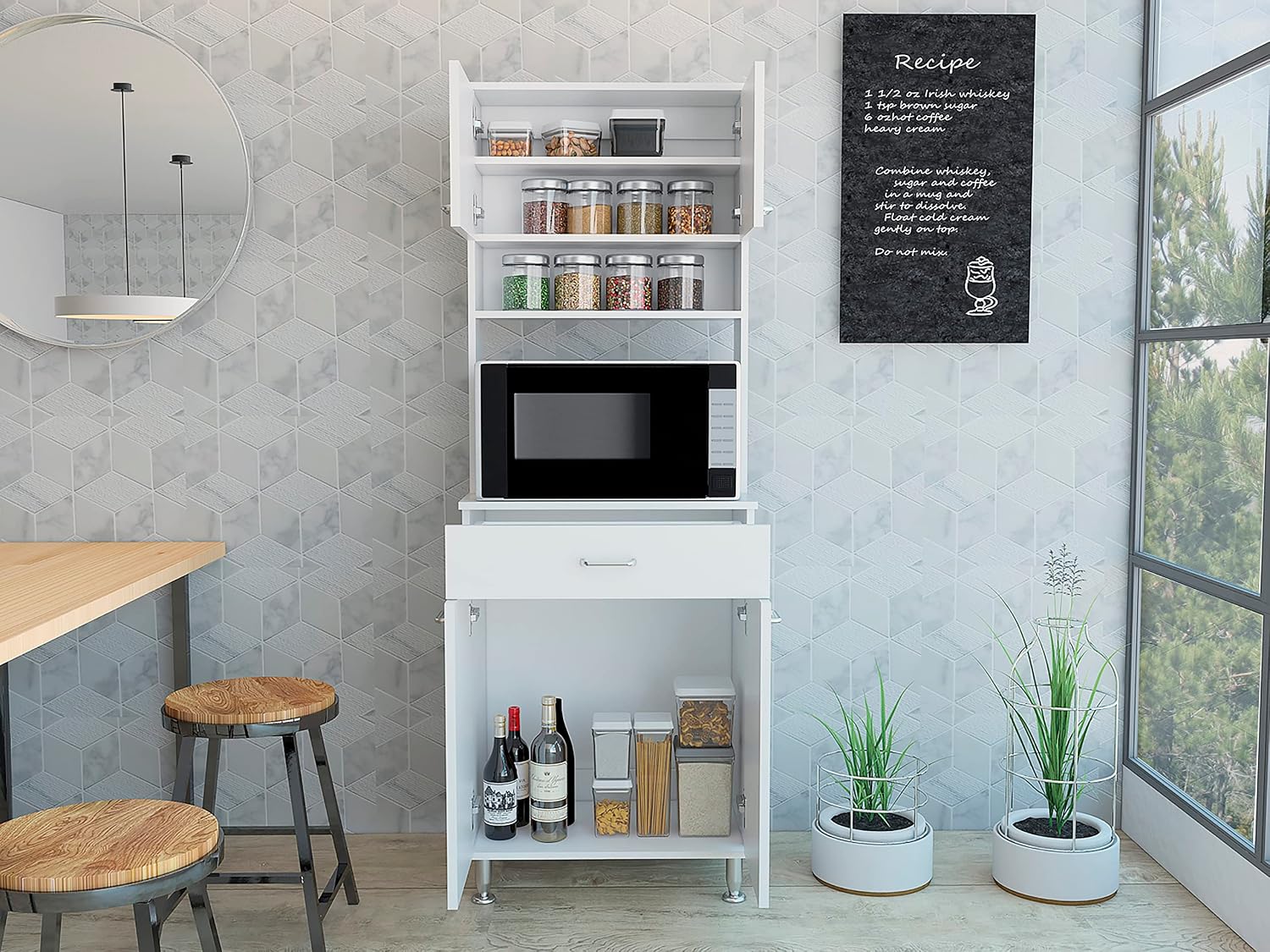 Della 60 Kitchen Pantry with Countertop, White - Open & Closed Storage, Microwave Stand