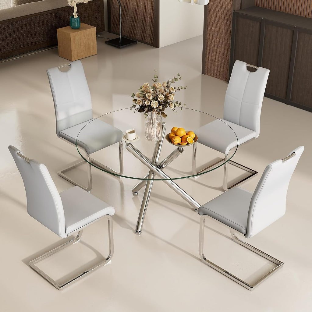 Modern Luxury Round Glass Dining Set for 4, 5 Pieces Clear Circle Glass Kitchen Table with Grey Faux Leather Chairs Set, 47'' Minimalist Circular Dinner Room Set, for Large Place (Silver)