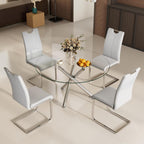 Modern Luxury Round Glass Dining Set for 4, 5 Pieces Clear Circle Glass Kitchen Table with Grey Faux Leather Chairs Set, 47'' Minimalist Circular Dinner Room Set, for Large Place (Silver)