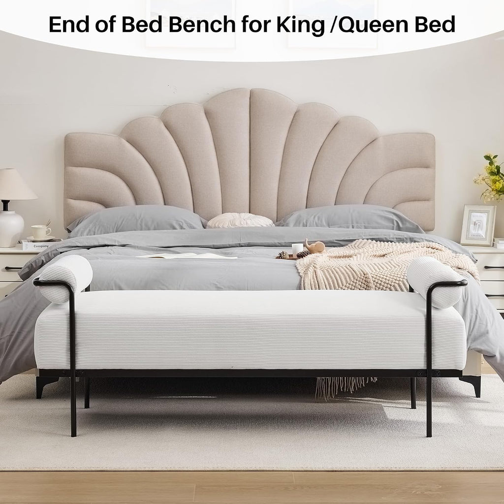 SOFTHION 61.2" End of Bed Bench, Corduroy Upholstered Entryway Bench, White | Modern Upholstered Bench Ottoman, Footrest Stool with Sturdy Metal Frame and Legs for Living Room/Foyer/Mudroom/Hallway