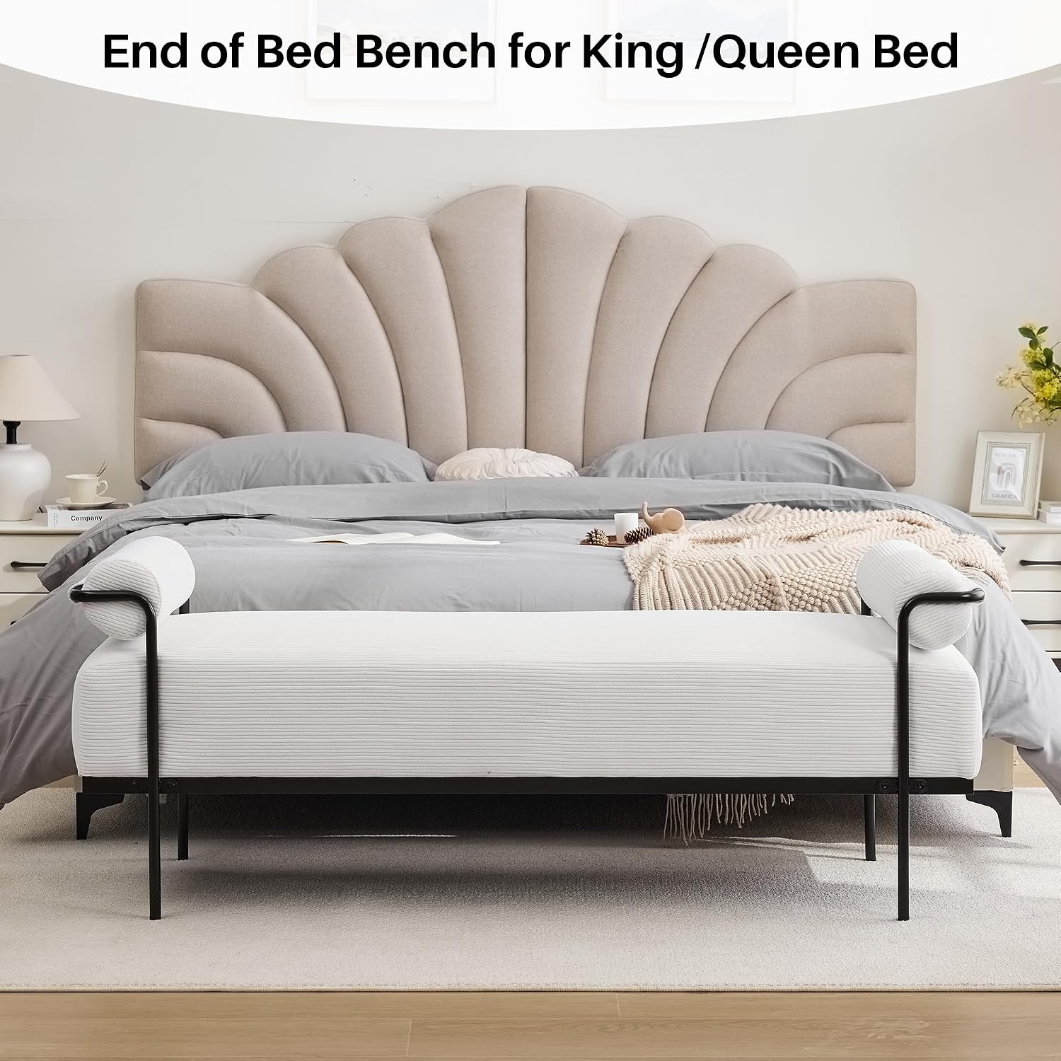 SOFTHION 61.2" End of Bed Bench, Corduroy Upholstered Entryway Bench, White | Modern Upholstered Bench Ottoman, Footrest Stool with Sturdy Metal Frame and Legs for Living Room/Foyer/Mudroom/Hallway