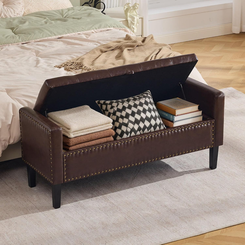 WUTUTUEE 47" Modern Water-Resistant Faux Leather Storage Ottoman Bench with Wooden Legs, Upholstered End of Bed Bench for Bedroom, Living Room or Entryway, Dark Brown