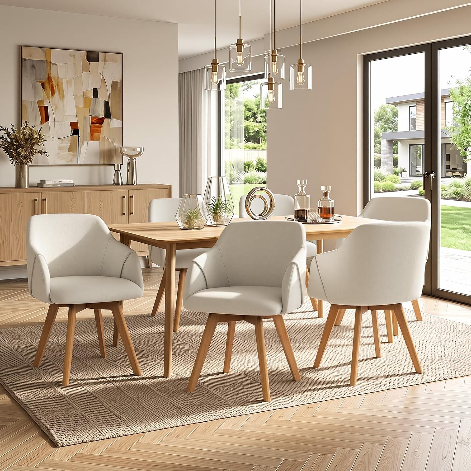 Swivel Dining Chairs Set of 6 with Arms and Wood Legs, Beige | Beech Wood Frame, Linen Fabric Upholstered Kitchen Chairs, Mid Century Modern, 18.5" Widen Seat, For Dining Room, Living Room