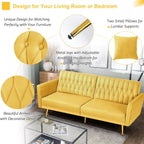 70” Velvet Futon Sofa Bed w/Adjustable Armrests & 2 Pillows, Convertible Futon Couch w/Adjustable Backrests, Modern Sleeper Bed for Living Room, Bedroom, Yellow