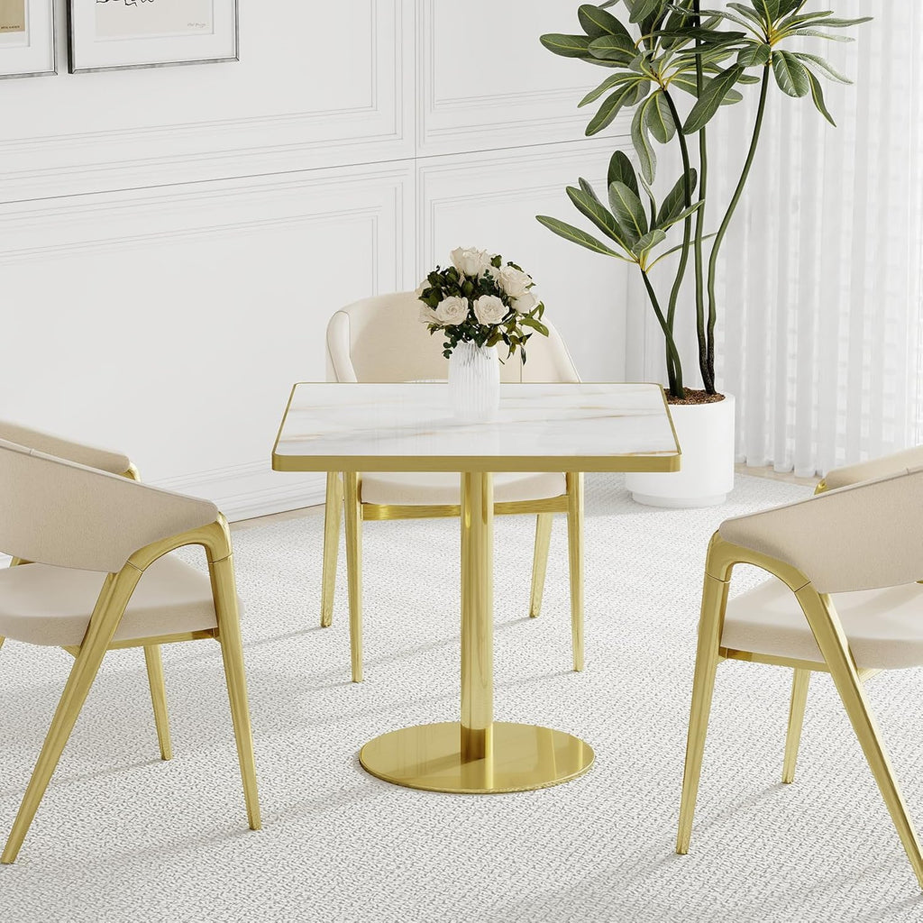31.5'' Square Modern Dinning Table with Sintered Stone Tabletop, Golden Edge & Pedestal Base, Bistro Tulip Table for 2-4 Person for Dining Room/Cafe/Small Spaces/Restaurant (Crystal Onyx)