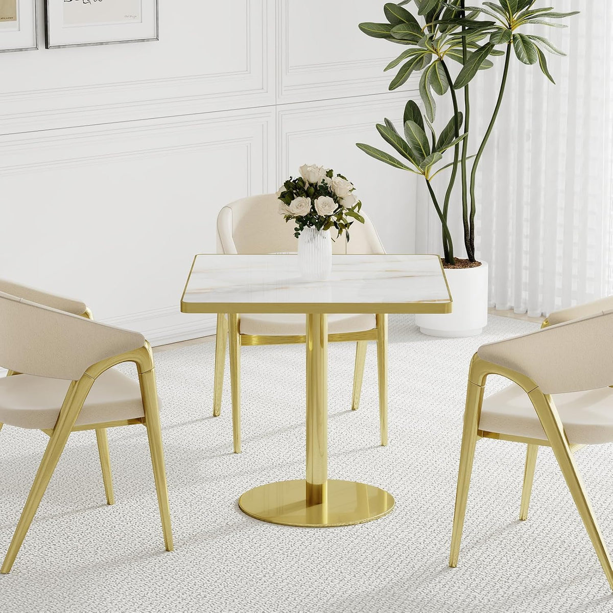 31.5'' Square Modern Dinning Table with Sintered Stone Tabletop, Golden Edge & Pedestal Base, Bistro Tulip Table for 2-4 Person for Dining Room/Cafe/Small Spaces/Restaurant (Crystal Onyx)