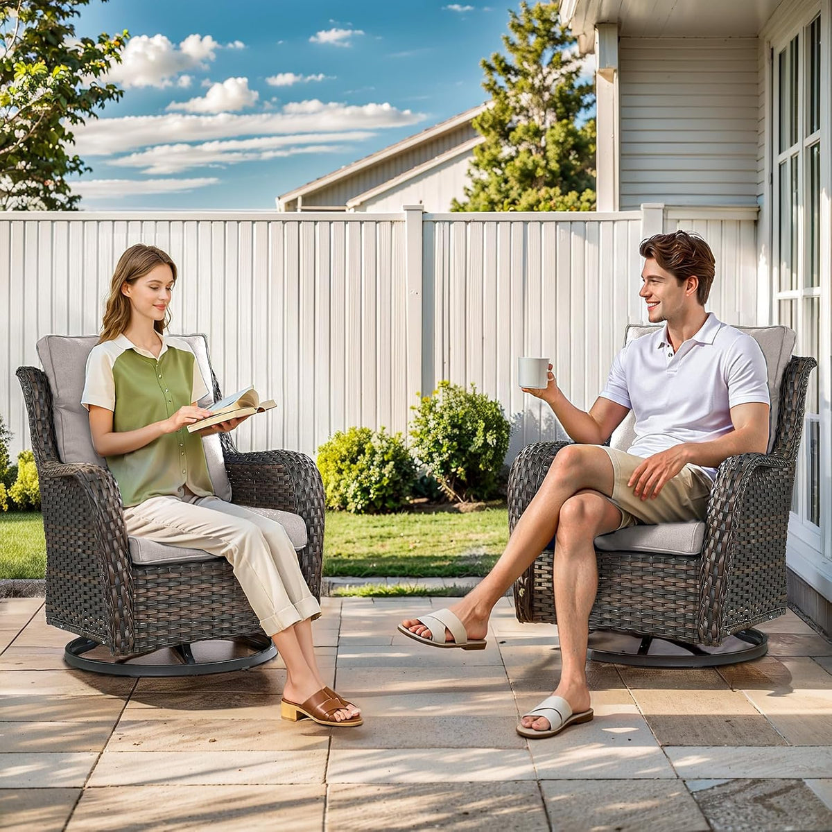Outdoor Swivel Rocker Patio Chairs with 2 Ottomans - 5" Thick Cushion 4 Piece Furniture Set All Weather Comfortable Wicker Conversation Set for Porch Poolside and Deck - Brown/Beige