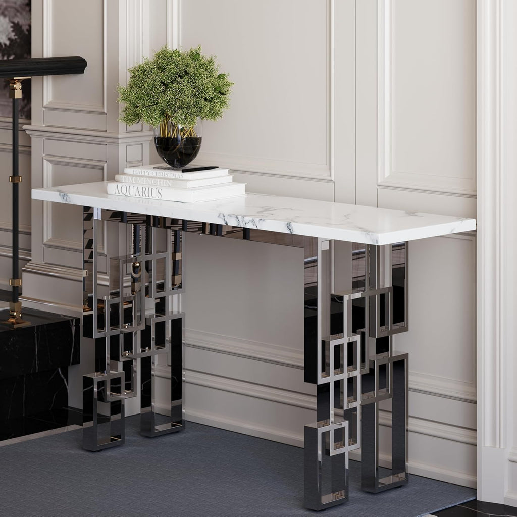 AUZ 55" White and Silver Console Table, Luxury Living Room Sofa Table, Modern Rectangle Console Table for Entryway, Living Room, Office, Foyer, Front Hall, Hallway