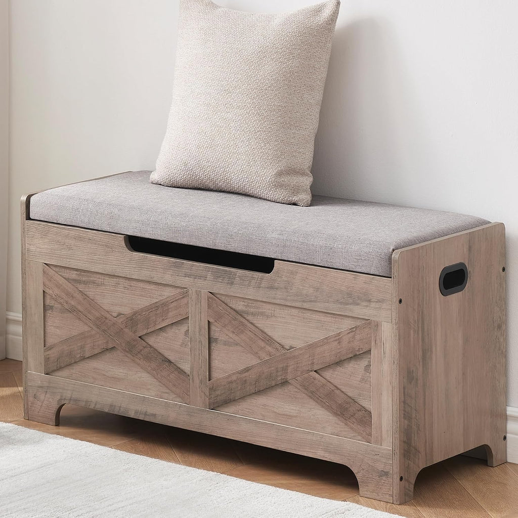 coucheta Storage Chest, Farmhouse Storage Trunk, Wooden Entryway Storage Bench with Safety Hinge and Lift-Top for Entryway, Living Room, Grey