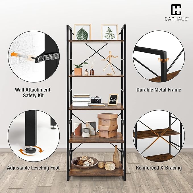 CAPHAUS 5 Tier Bookshelf, 24 Inch Width Free Standing Shelf, Bookcase Shelf Storage Organizer, Industrial Book Shelves for Home Office, Living Room, Kitchen, Rustic Oak
