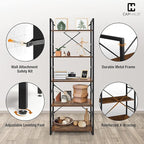 CAPHAUS 5 Tier Bookshelf, 24 Inch Width Free Standing Shelf, Bookcase Shelf Storage Organizer, Industrial Book Shelves for Home Office, Living Room, Kitchen, Rustic Oak