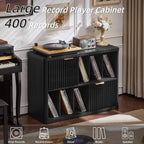 LEYAOYAO Large Record Player Stand with Vinyl Storage Up to 450 Albums, Wood Fluted Boho Record Storage Accent Cabinet, Modern Stereo Media Cabinets, Wide Turntable Stand for Living Room, Black Oak