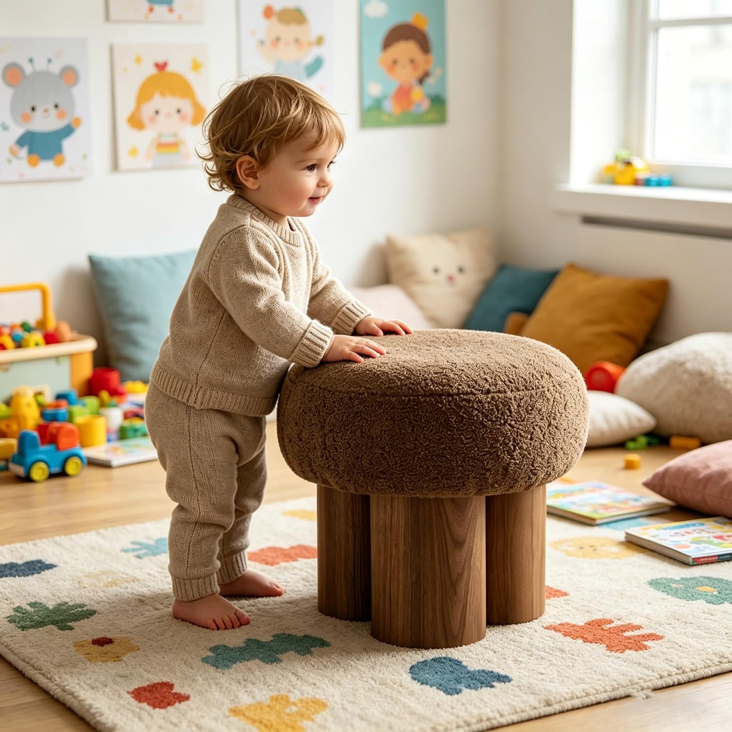 16.54''Mushroom Stool,Modern Fabric Ottoman Foot Rest,Teddy Round Foot Stool with Three Legs Under Desk,Small Stool for Living Room, Bedroom and Kitchen (Brown')