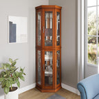BELLEZE Lighted 3-Side Glass Display Curio Cabinet w/Tempered Glass Doors and Shelves, Accent Wooden Corner Cabinet with Bulb, Corner Storage Decoration Rack for Living Room