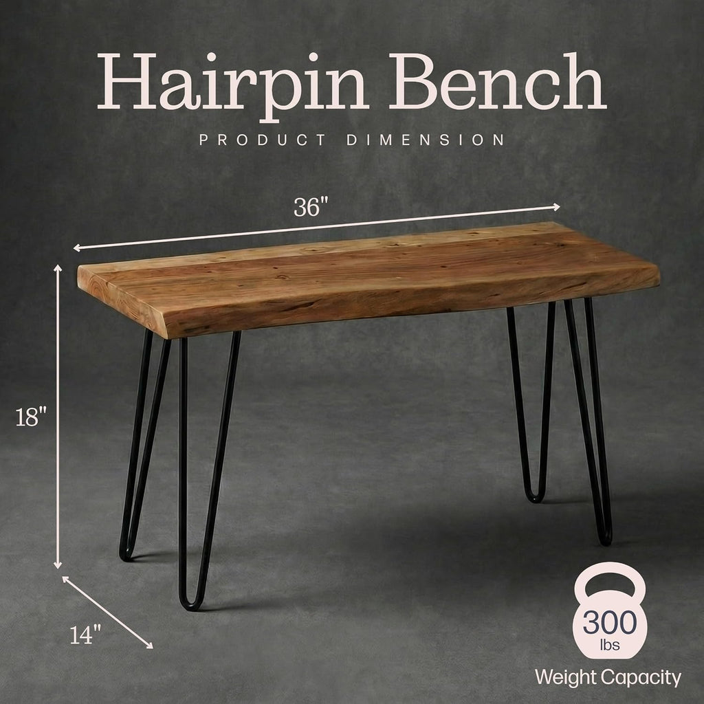 Alaterre Furniture Live Edge Wood Bench with Hairpin Metal Legs - Industrial Modern Entryway Bench with Minimalist Design - Furniture for Entryway, Dining Room, Kitchen, or Bedroom (36 Inch)