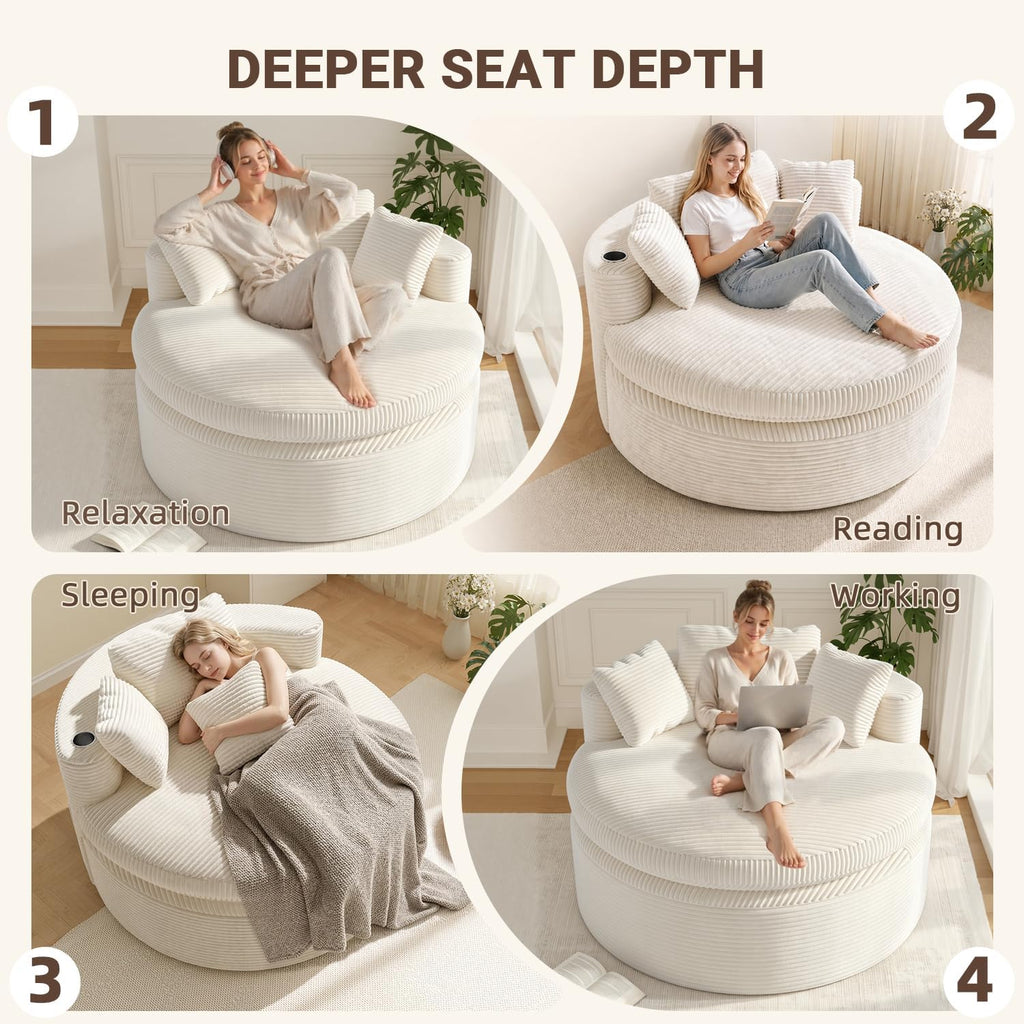 Oversized Round Chair Lounge Chaise Indoor, 58'' Modern Upholstered Corduroy Deep Seat Cloud Sofa Bed, No Assembly Required Floor Chair with 3 Pillows for Living Room, Bedroom, Reading, Beige
